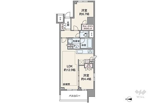 ザパークハウスアーバンス渋谷 間取りは専有面積55.21平米の2LDK。LDKと洋室が続き間になった縦長リビングのプラン。LDKの延長としても使用出来る洋室は2面採光を確保しています。