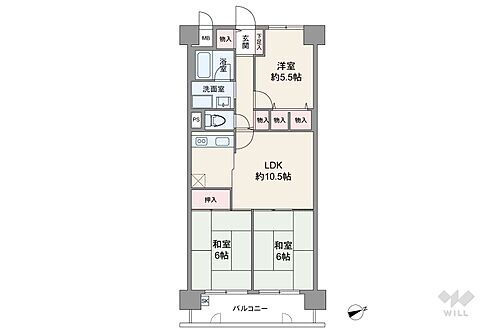 朝日プラザ梅田 和室2部屋がバルコニーに面したセンターリビングのプラン。バルコニー側は室内に柱の出っ張りが少ないアウトポール仕様で、家具の配置がしやすい造りです。バルコニー面積は7.83平米あります。